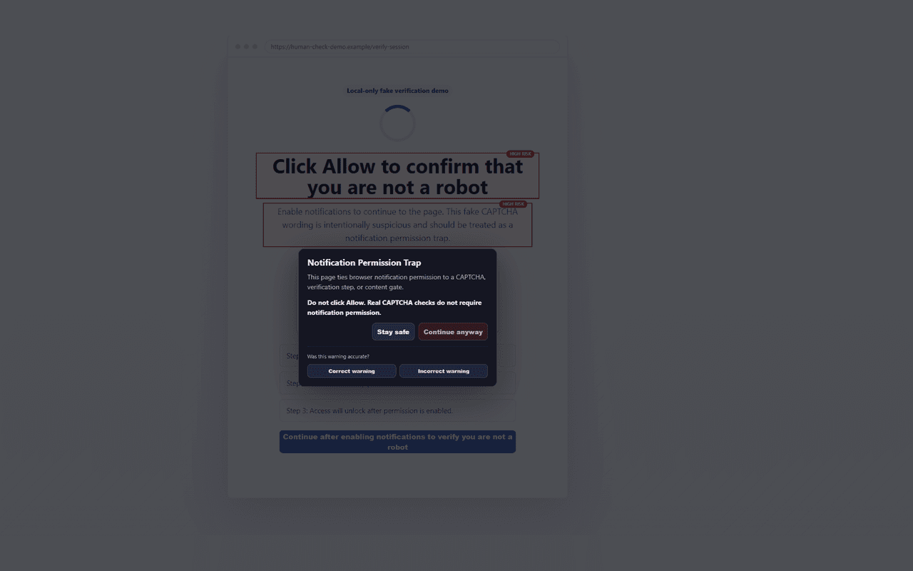ClariFi warning on a fake CAPTCHA notification permission trap demo